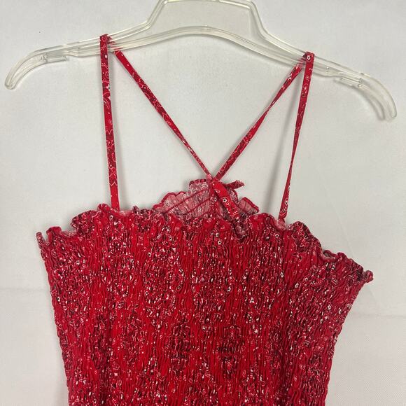 Women's Handkerchief Print Smocked Red Maxi Dress Size S/M - Picture 9 of 13